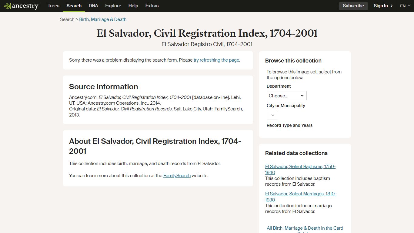 El Salvador, Civil Registration Index, 1704-2001